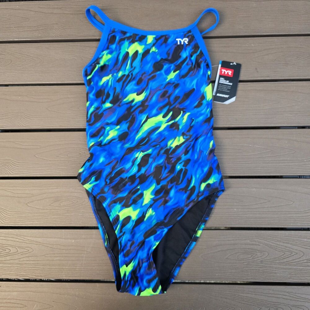 TYR Durafast Women's Draco Blue/green Diamondfit 1 Piece Swimsuit Size 30 New